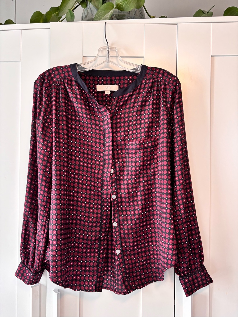 LOFT Burgundy and Black Satin Geo-Print Button Front Blouse